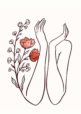 Female Hands and Flowers Line Art