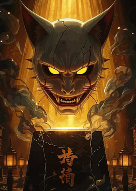 Japanese Demon Mask with Golden Light
