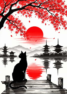 Black cat Japanese landscape art