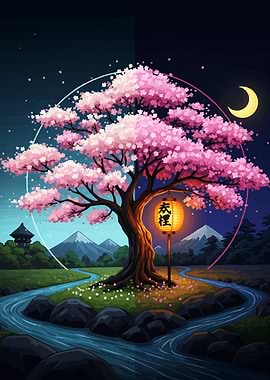 Cherry Blossom Tree with Lantern Illustration
