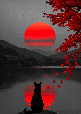 Black Cat Red Sun Japanese Landscape