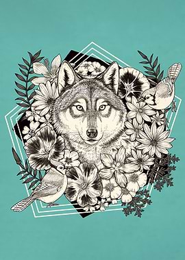 Wolf, Birds, and Floral Arrangement