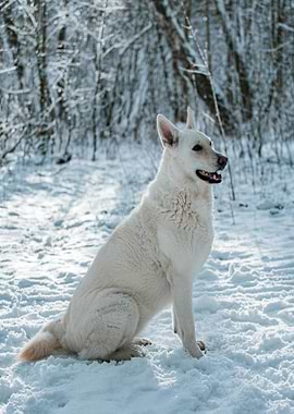 White Dog in Snowy Winter Forest