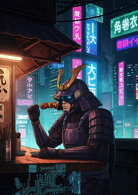 Cyberpunk Samurai Eating Skewers