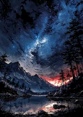 Mountain Lake Under Starry Night Sky