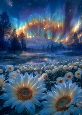 Aurora Borealis over Sunflower Field