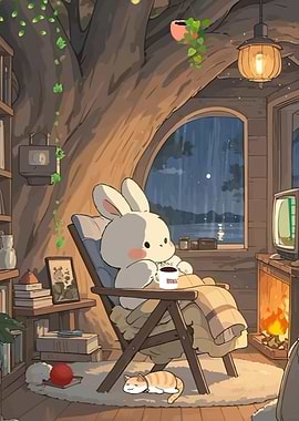 Cozy Rainy Day Bunny Cat