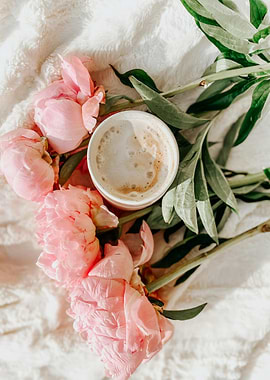 Coffee and Pink Peonies Still Life