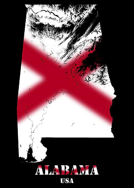 Alabama USA state Topographic Contour Relief Map blending terrain features into its emblematic colorful flag