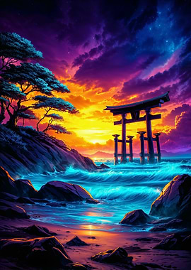 Japanese Torii Gate at Sunset