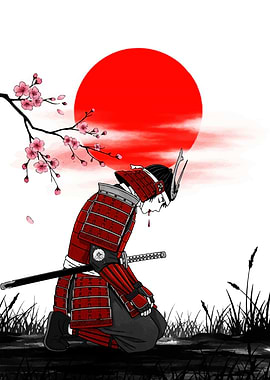 Samurai Kneeling Under Cherry Blossoms