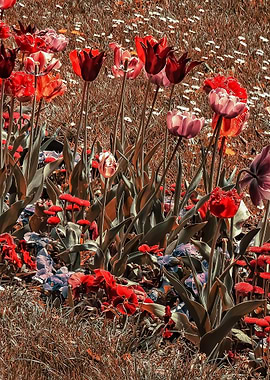 Tulips and Daisies in a Garden