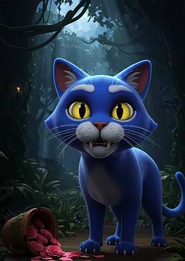 Cartoon Blue Cat with Roses