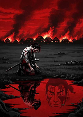 Samurai in Despair Amidst Burning Village