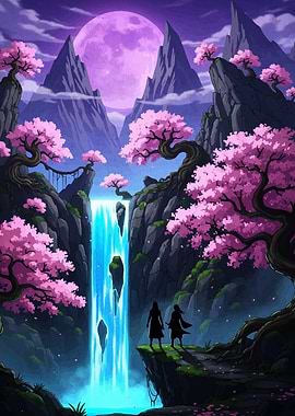Fantasy Waterfall Landscape with Cherry Blossoms