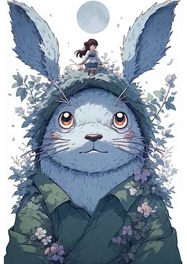 Whimsical Rabbit with Girl and Moon