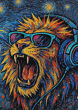 Lion with Headphones and Sunglasses Art