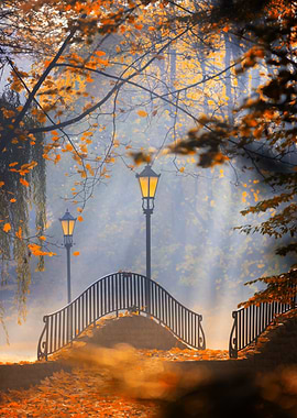 Autumn Bridge with Glowing Lanterns