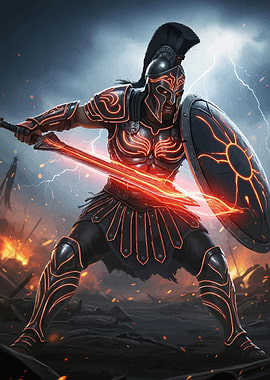 Futuristic Spartan Warrior Glowing Sword