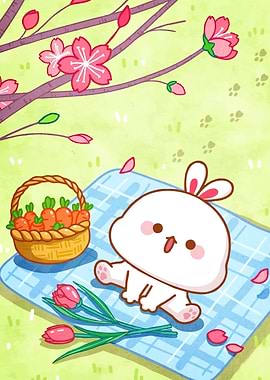 Cute Bunny Picnic Carrots Flowers
