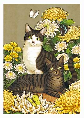 Cats and Chrysanthemums Illustration