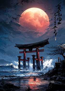 Torii Gate Under a Red Moon