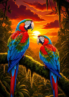 Two Macaws at Sunset