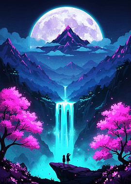 Fantasy Landscape with Waterfall and Moon