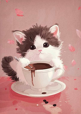 Cute Kitten in Coffee Cup Illustration
