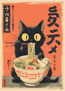 Black Cat Eating Ramen Japanese Art