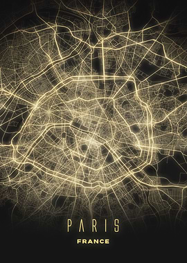 Golden Map of Paris at night - Modern France City Wall Art