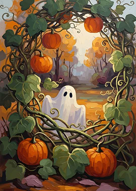Halloween Ghost and Pumpkins Painting