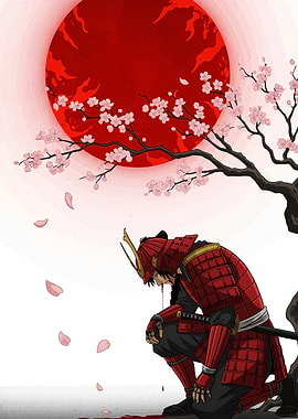Samurai Under Cherry Blossoms and Red Moon