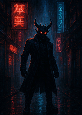 Cyberpunk Demon in Rainy Cityscape