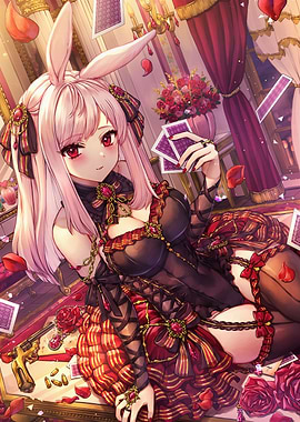 Anime Girl with Bunny Ears and Cards