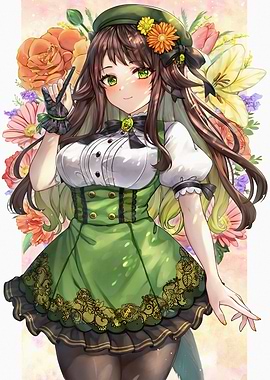 Anime Girl in Green Dress with Flowers