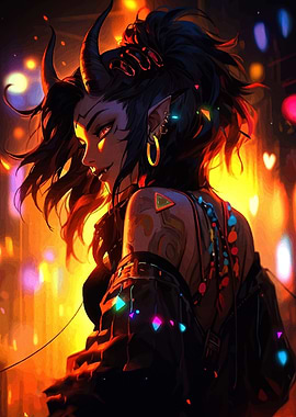 Demon Girl with Horns and Tattoos