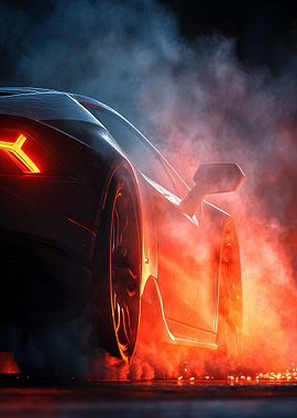 Sleek Car in Fiery Smoke
