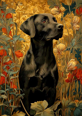 Black Labrador Portrait in Floral Setting