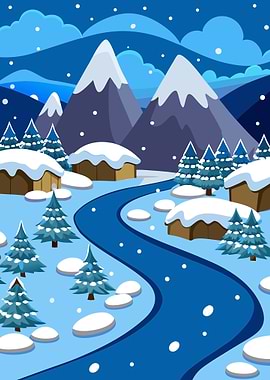 Snowy Winter Landscape with Snowfall ,River, Pine Trees and Mountains Metal Art