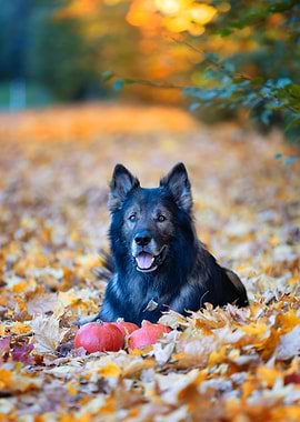 Dog in Autumn Leaves with Pumpkins