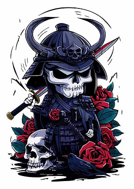 Samurai Skull with Roses and Raven
