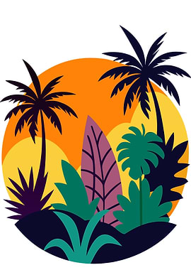 Tropical Palm Trees and Sunset Illustration Metal Art