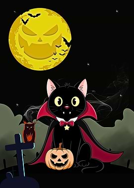 Halloween Cartoon: Vampire Cat and Pumpkin