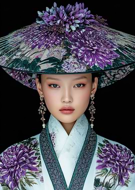 Asian woman with floral hat portrait