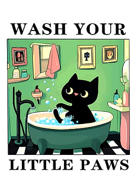 Black Cat Bathing: Wash Your Paws