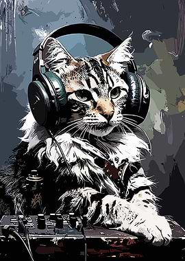 DJ Cat with Headphones and Mixer