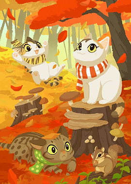 Autumn Cats and Chipmunk Illustration