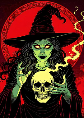 Evil Witch casting a spell with a Skull