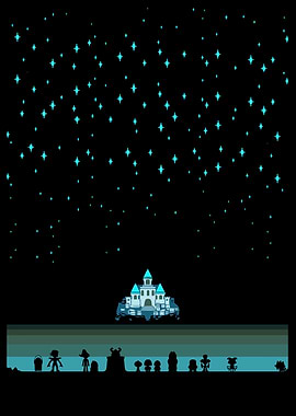 pixel art with castle and stars